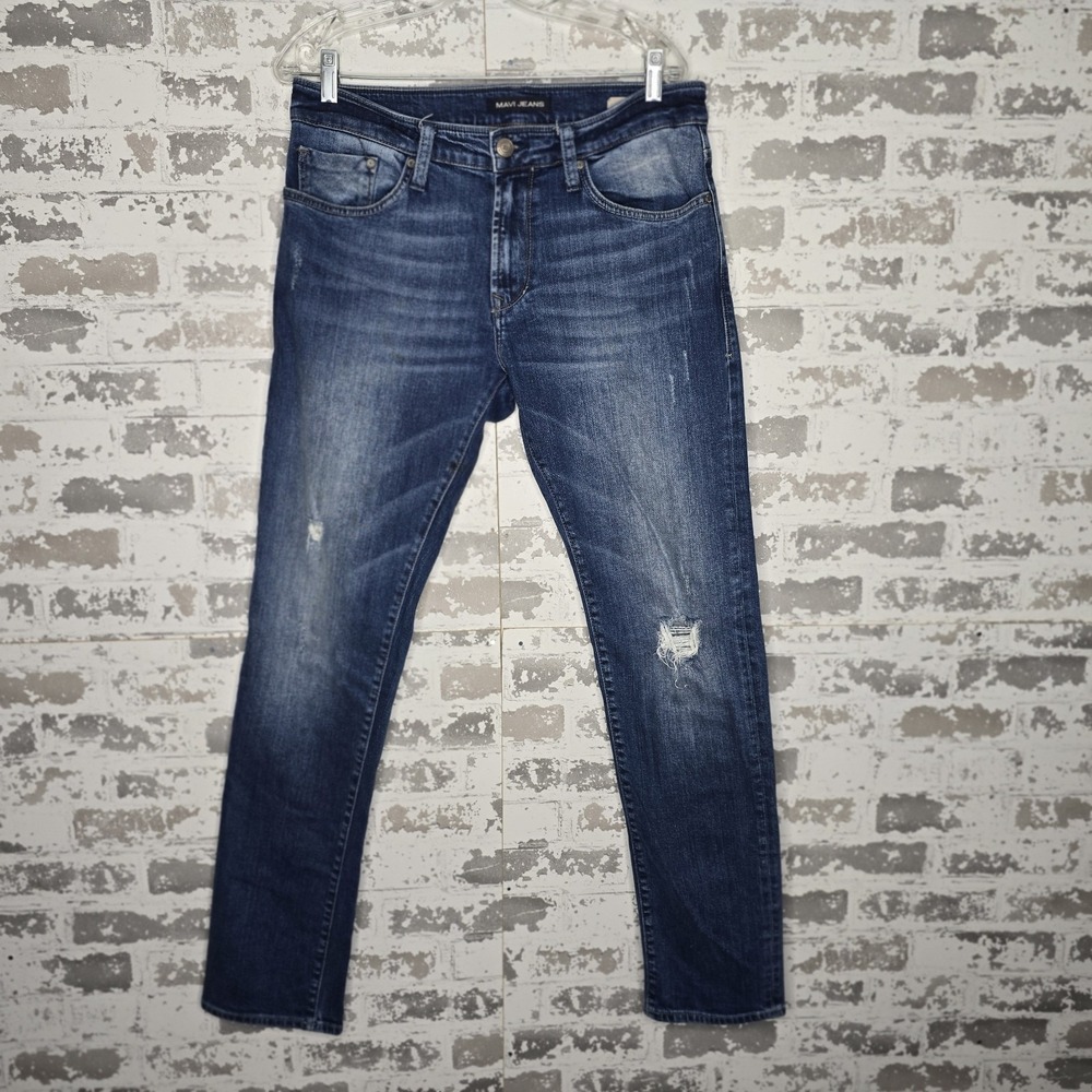 Mavi Jeans Mens 32x33 Jake‎ Slim Leg Dark Blue Whiskered Distressed Denim Wash